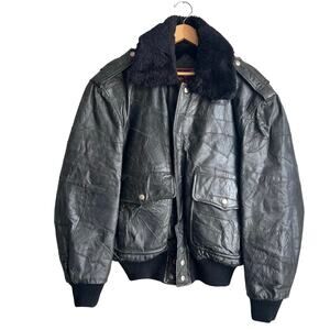 Vintage 70's Le Jacket Black Leather Patchwork Jacket Faux Fur Collar Large